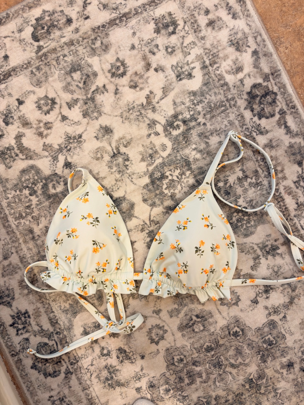 aerie Cream Floral Ruffle Bikini Top with Yellow Blossoms
